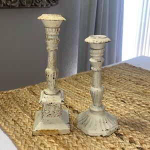 Vintage Cottage core rustic cream colored metal candlestick holders (set of 2)